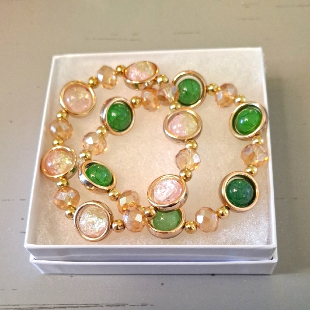 Gorgeous Gold & Green Beaded Bracelet Set